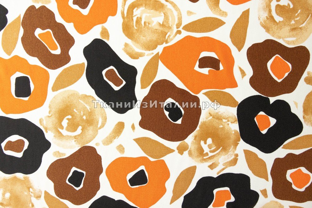 ткань белый крепдешин с коричневыми и оранжевыми цветами, крепдешин шелк цветы белая Италия