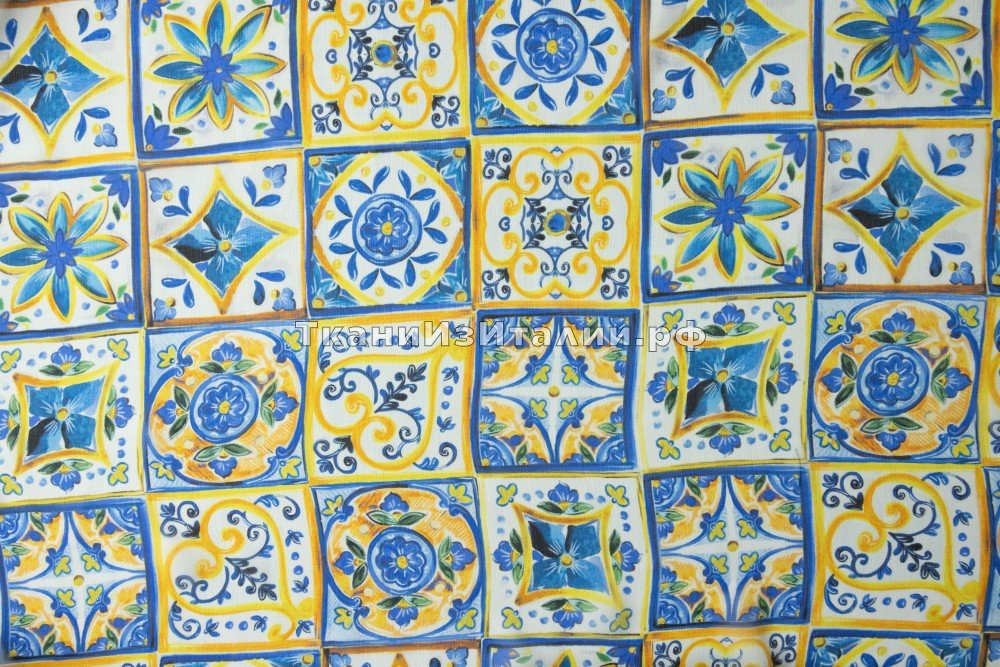ткань шифон майолика желто-синяя, шифон шелк в клетку разноцветная Италия