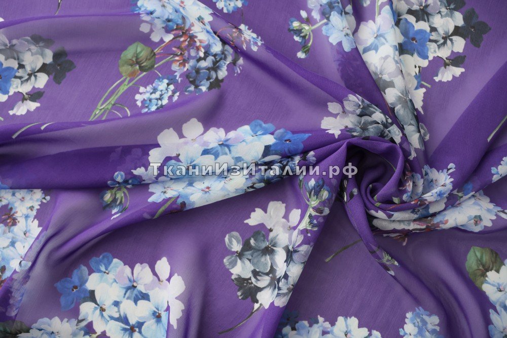 ткань фиолетовый шифон с гортензиями, шифон шелк цветы фиолетовая Италия