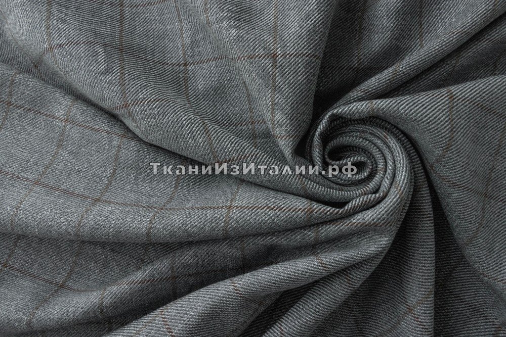 ткань серый лен с шерстью в клетку, костюмно-плательная шерсть в клетку серая Италия