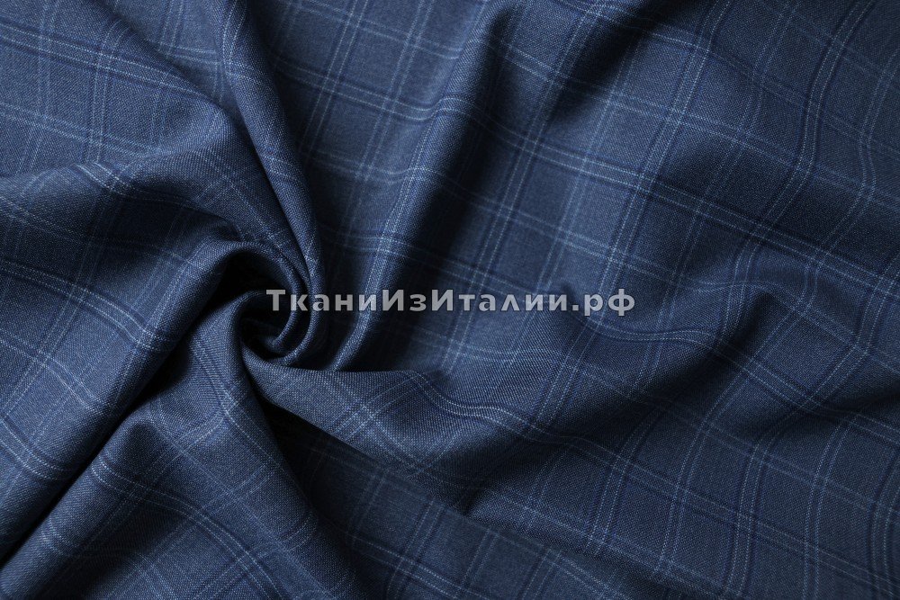 ткань сине-голубая шерсть меланж, костюмно-плательная шерсть в клетку синяя Италия