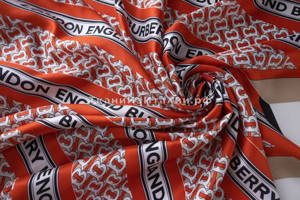 ткань оранжевый шелк с логотипами , Италия