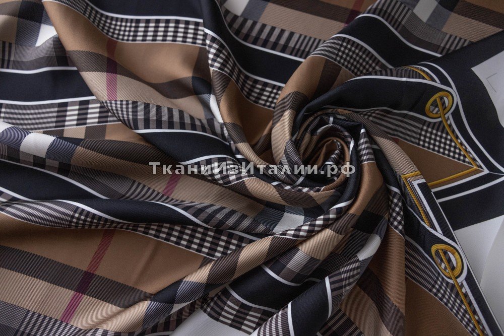 ткань коричневый шелк с логотипами(купон), твил шелк иные коричневая Италия