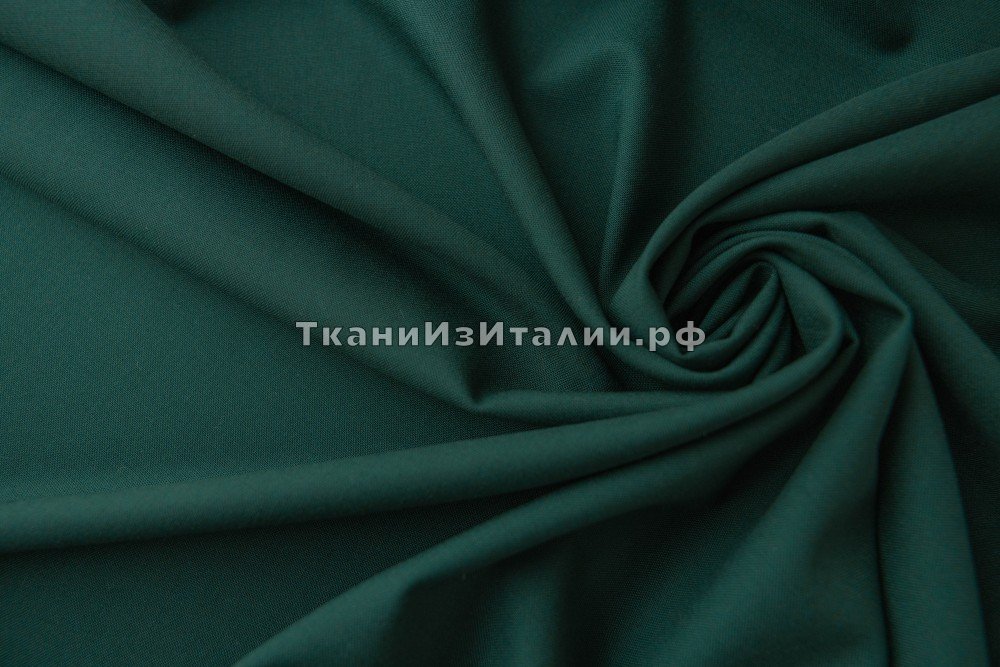 ткань темно-зеленая шерсть с эластаном, костюмно-плательная шерсть однотонная зеленая Италия