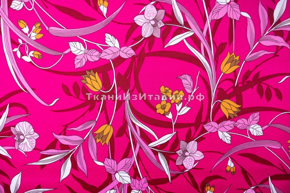 ткань плащевка фуксия с цветами, плащевка полиэстер цветы розовая Италия