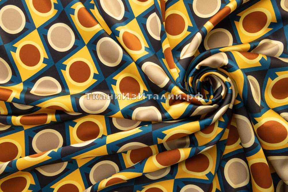ткань желто-синий атлас с геометрическим рисунком от Карнет для Унгаро, атлас шелк иные синяя Италия