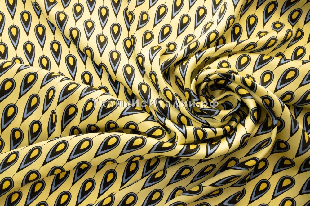 ткань атлас перья на лимонном фоне от Carnet для Ungaro, атлас шелк иные желтая Италия