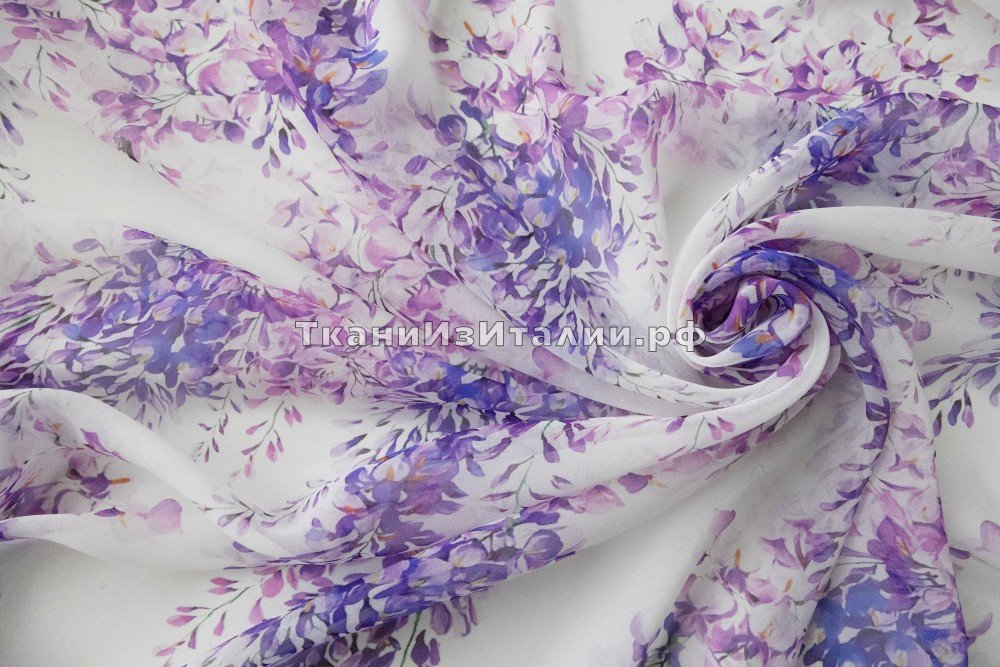 ткань белый шифон с фиолетовой глицинией от Карне для Унгаро, шифон шелк цветы белая Италия