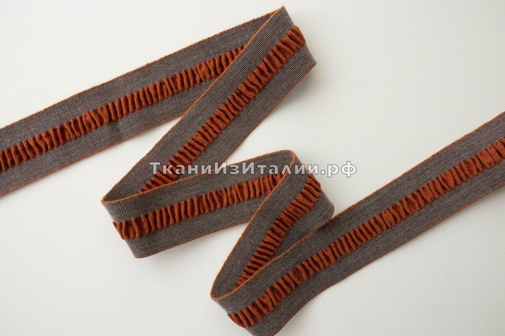  текстильная резинка с жатой вставкой коричневый меланж и терракотовый, резинка текстильная в полоску коричневая Италия
