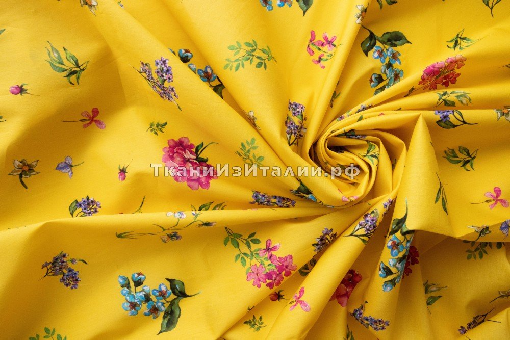 ткань желтый поплин с цветами, поплин хлопок цветы желтая Италия