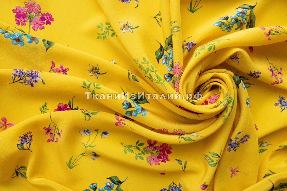 ткань желтый крепдешин с цветами, крепдешин шелк цветы желтая Италия