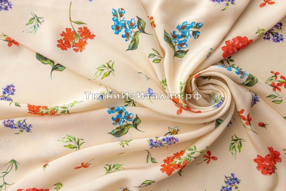 ткань сливочный крепдешин с цветами, крепдешин шелк цветы белая Италия