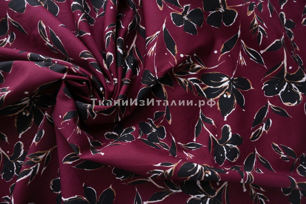 ткань бордовый хлопок с черными цветами, сорочечная хлопок цветы бордовая Италия