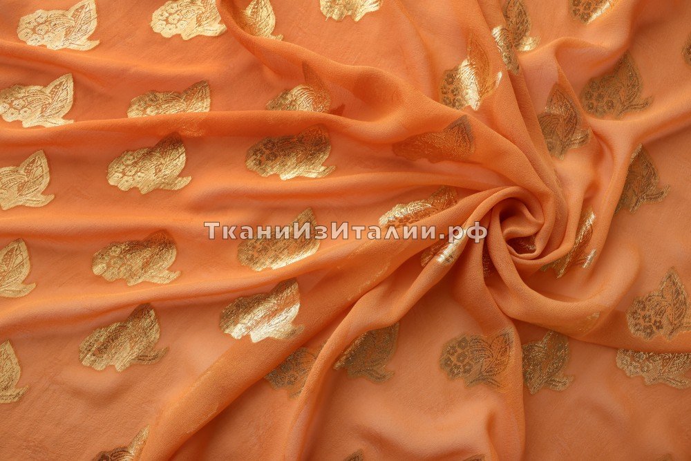 ткань оранжевый шифон с золотыми цветами, шифон шелк цветы оранжевая Италия