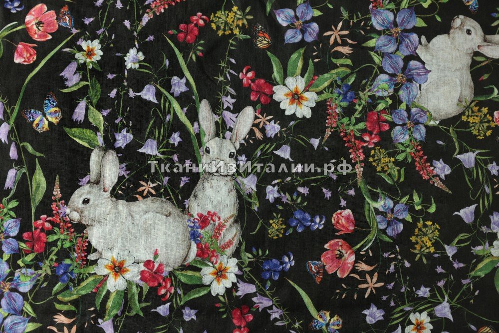 ткань черный лен с цветами и зайцами, Италия