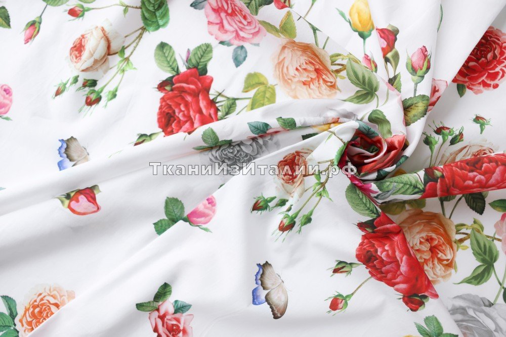 ткань белый хлопок с розами, костюмно-плательная хлопок цветы белая Италия