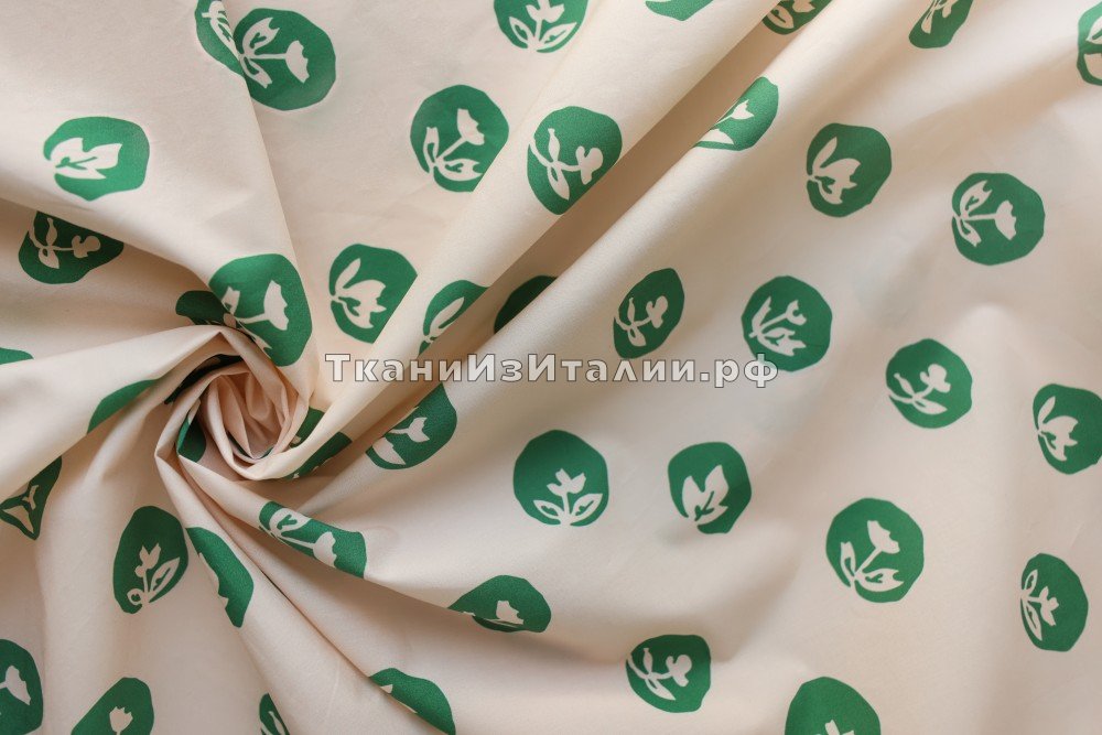 ткань светлый хлопок с зеленым узором, сорочечная хлопок в горошек персиковая Италия