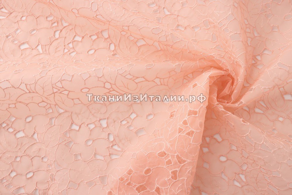 ткань органза персикового цвета, органза полиэстер цветы персиковая Италия