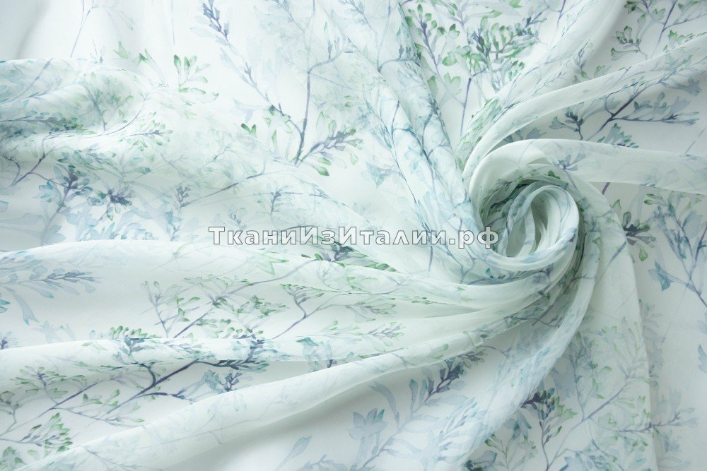 ткань шифон белый с веточками серо-голубого и зеленого оттенков, шифон шелк иные белая Италия