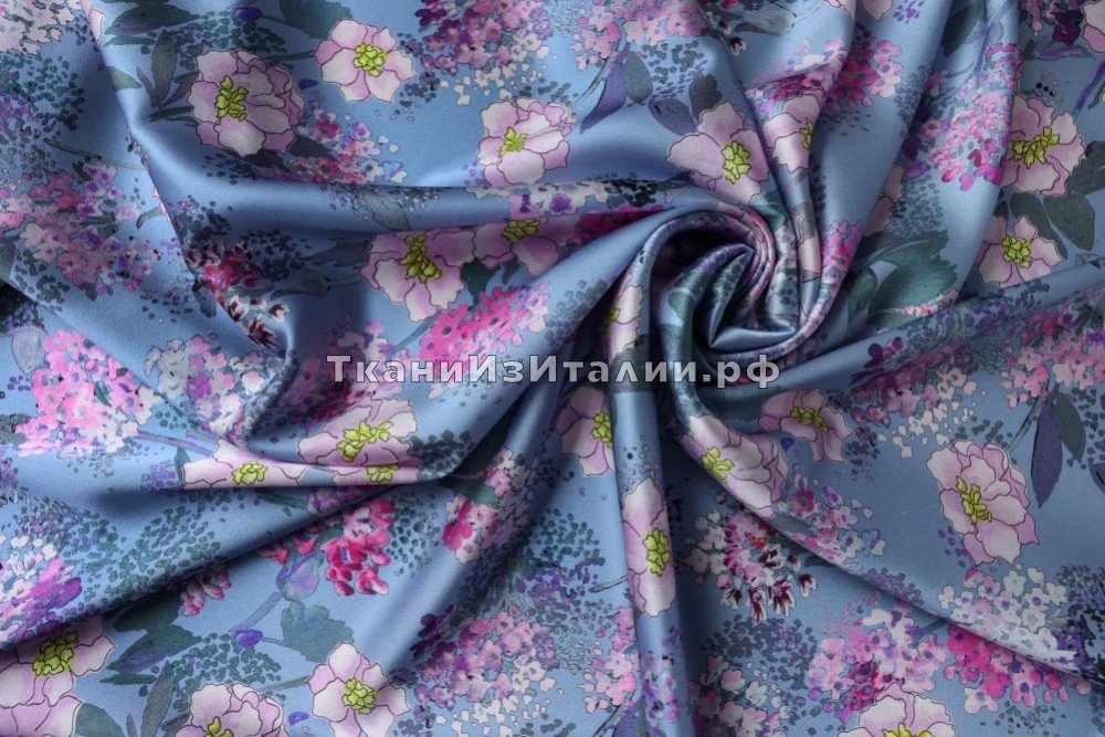 ткань голубой атлас с цветами, Италия