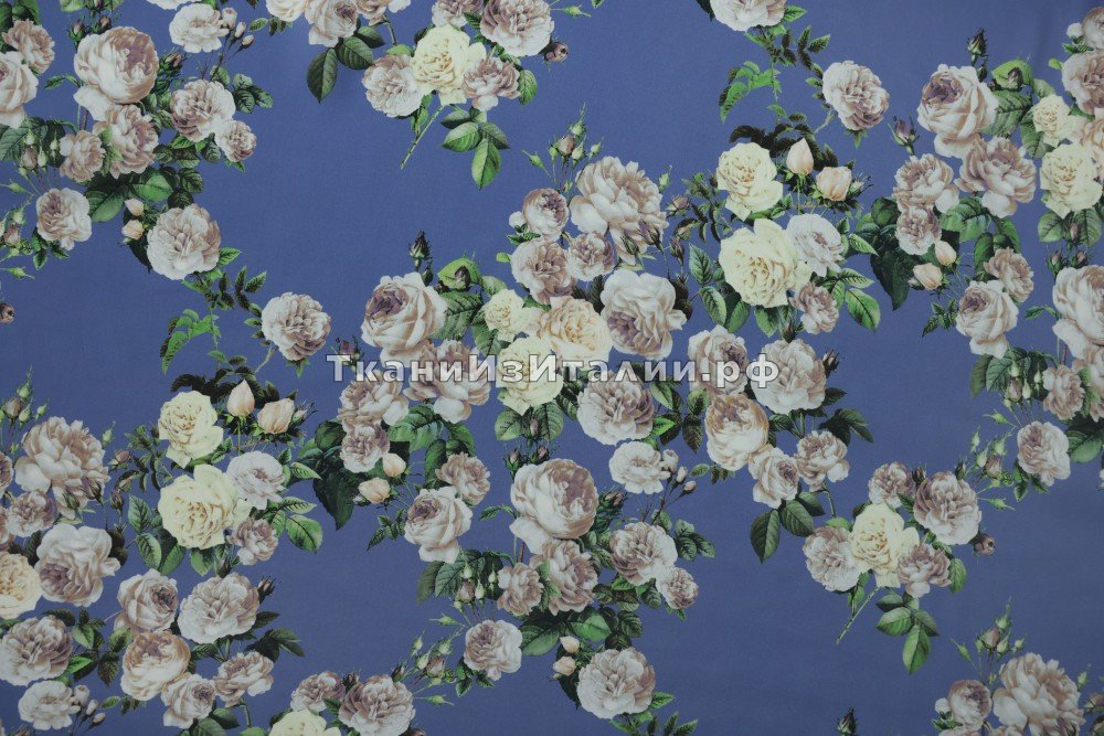 ткань шармуз с розами, шармюз шелк цветы синяя Италия