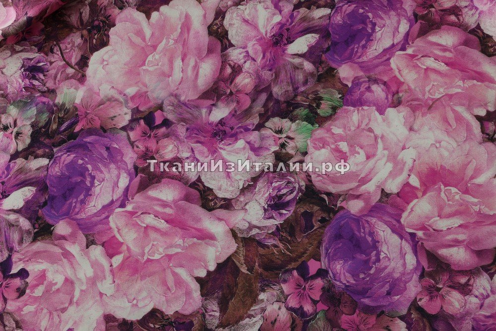ткань розовый твил с фиолетовыми цветами (купон), твил шелк цветы розовая Италия