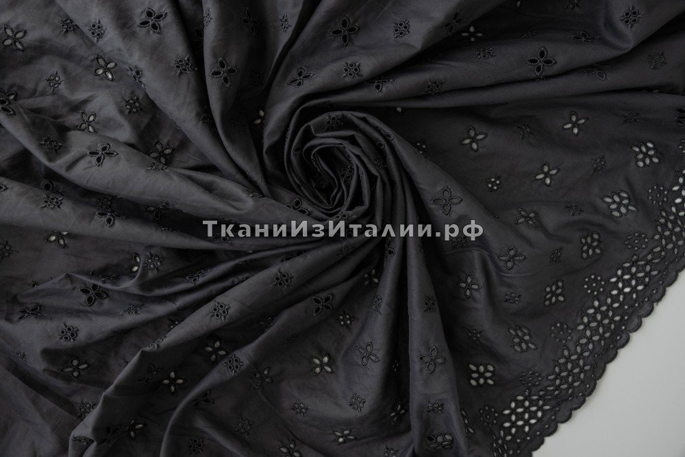 ткань черное шитье с цветами (по всему полотну), шитье хлопок цветы черная Италия
