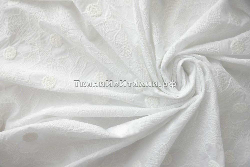 ткань белое шитье с ромашками, шитье хлопок цветы белая Италия