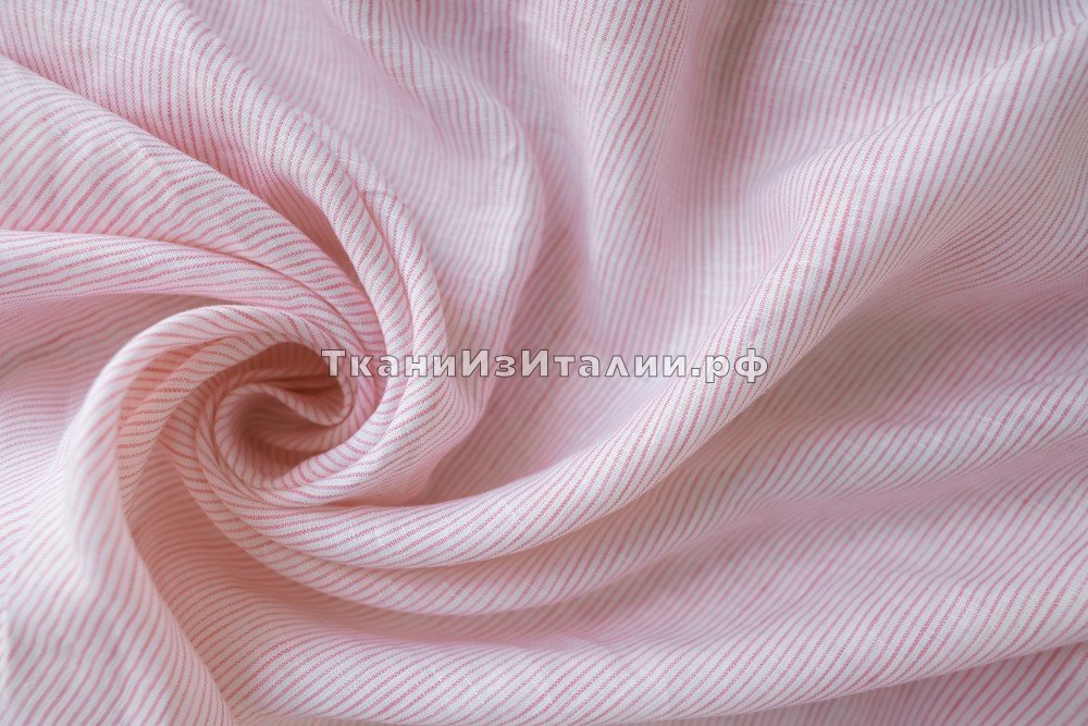 ткань лен в розовую узкую полоску на белом фоне, сорочечная лен в полоску белая Италия
