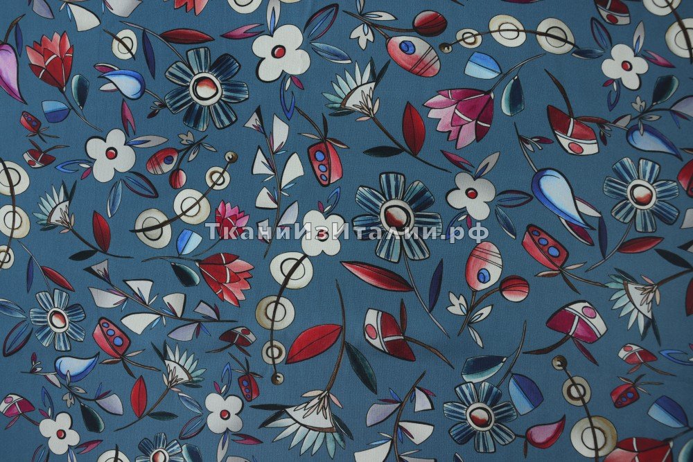 ткань крепдешин пыльно-голубой с цветами, Италия