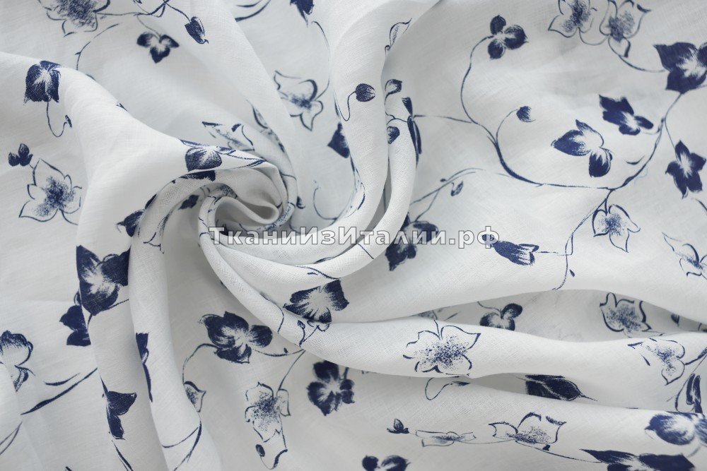 ткань белый лен с синими цветами, Италия