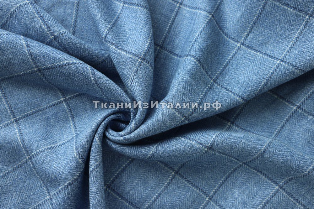 ткань голубой костюмный лен с шелком в клетку, Италия