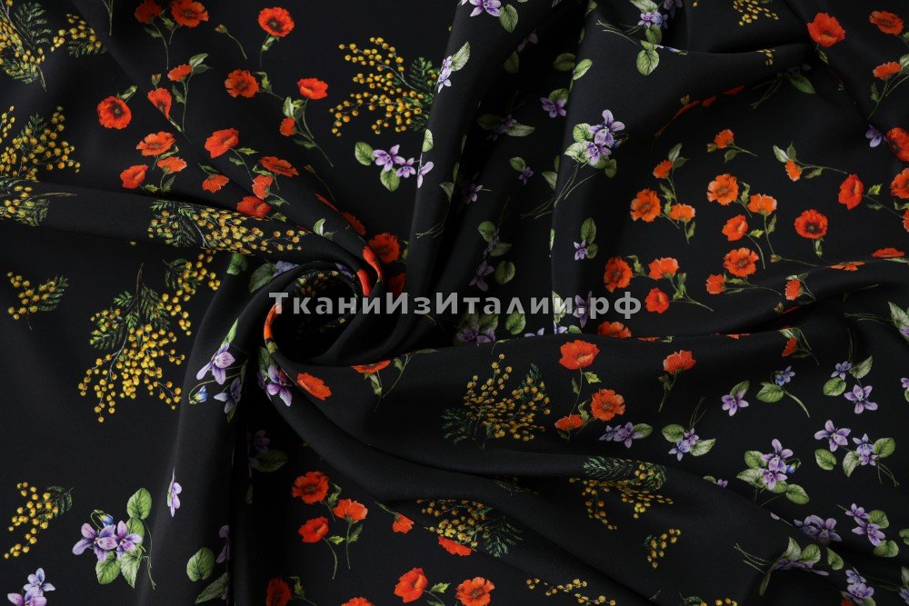 ткань черный крепдешин с цветами, Италия