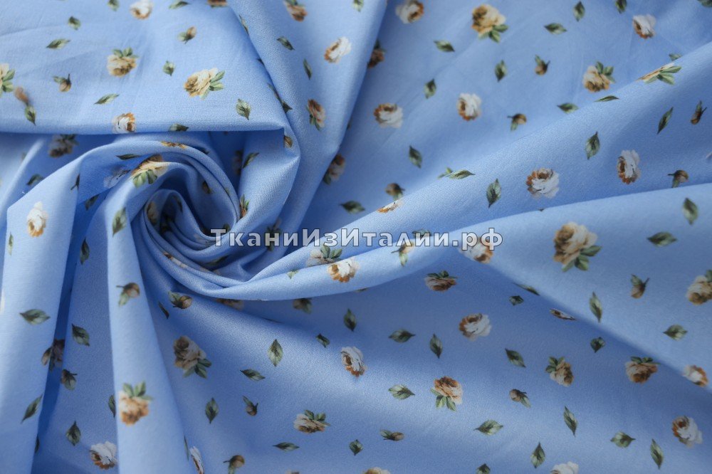 ткань голубой хлопок с цветами, Италия