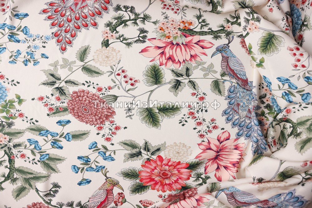 ткань шелковый сатин с цветами и птицами, Италия