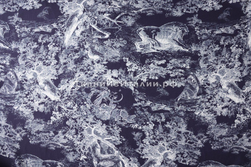 ткань шелковый сатин синего цвета (туаль де жуи), Италия